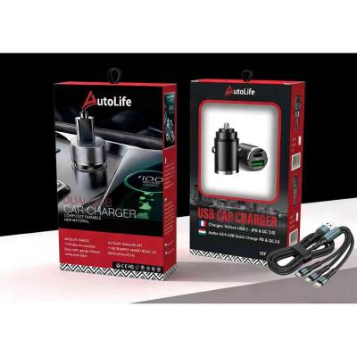 Aut�s gyorst�lt� + 3in1 gyorst�lt� k�bel - 2 portos MAX 100W-os aut�s gyorst�lt� adapter - 12/24V - AUTOLIFE