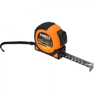 M�r�szalag, 10m/25mm, er�s�tett rug�s, ac�l, fekete szalag feh�r nagy�tott sk�l�val, m�gneses, autostop+r�gz�t� NEO TOOLS (NEOTOOLS)